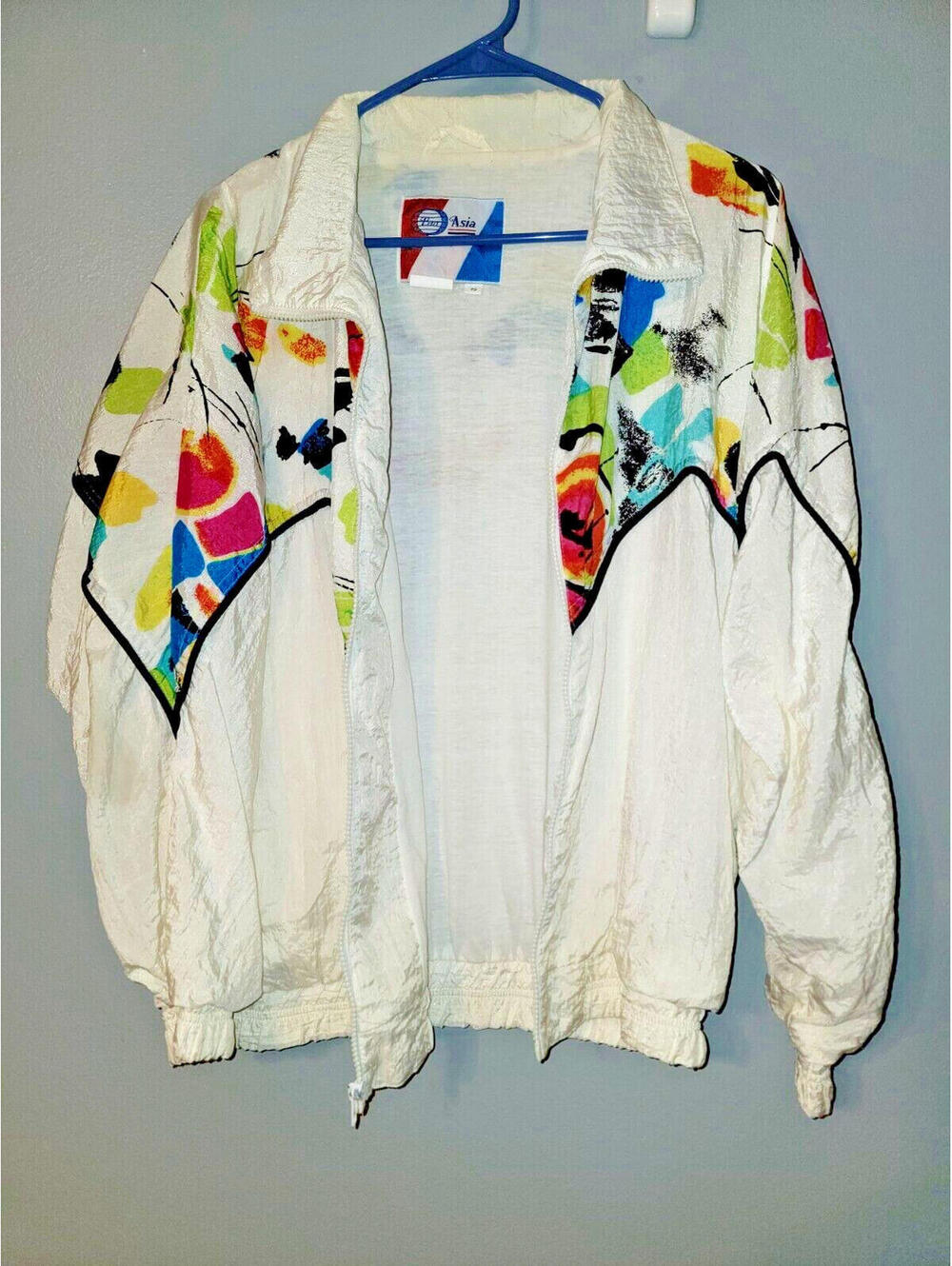 VTG 70s 80s Pan Asia Hip Full Art Retro White Windbreaker Fullzip Jacket S Small - Picture 3 of 14